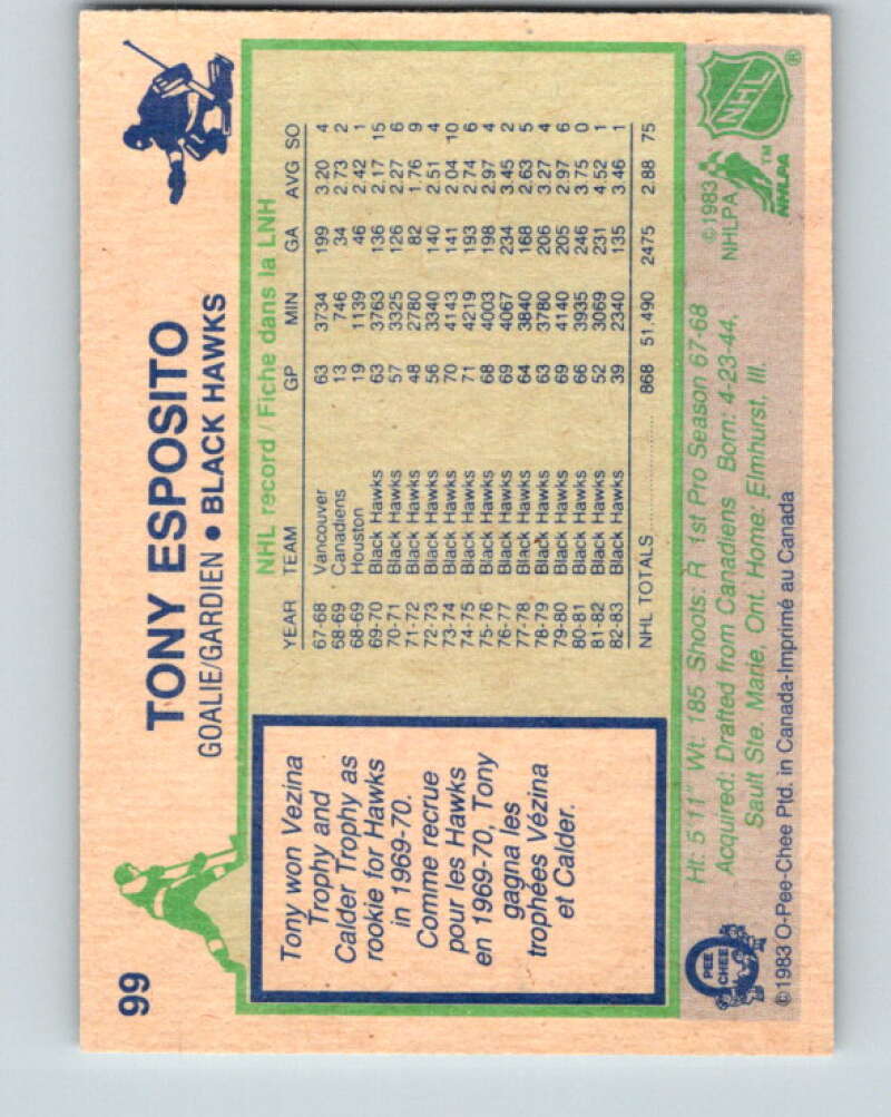 1983-84 O-Pee-Chee #99 Tony Esposito Chicago Blackhawks V27023