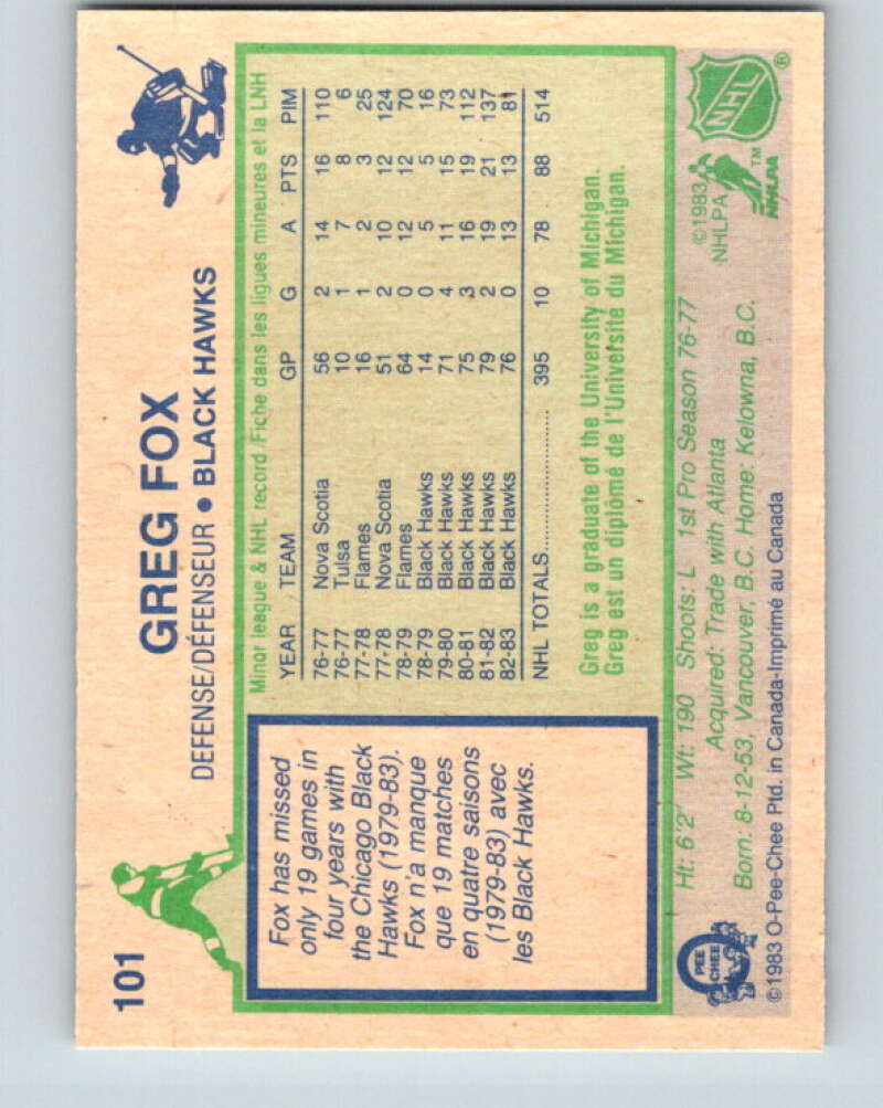 1983-84 O-Pee-Chee #101 Greg Fox Chicago Blackhawks V27026