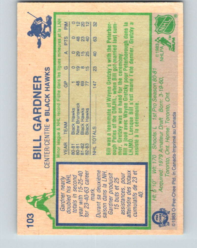 1983-84 O-Pee-Chee #103 Bill Gardner RC Rookie Blackhawks V27035