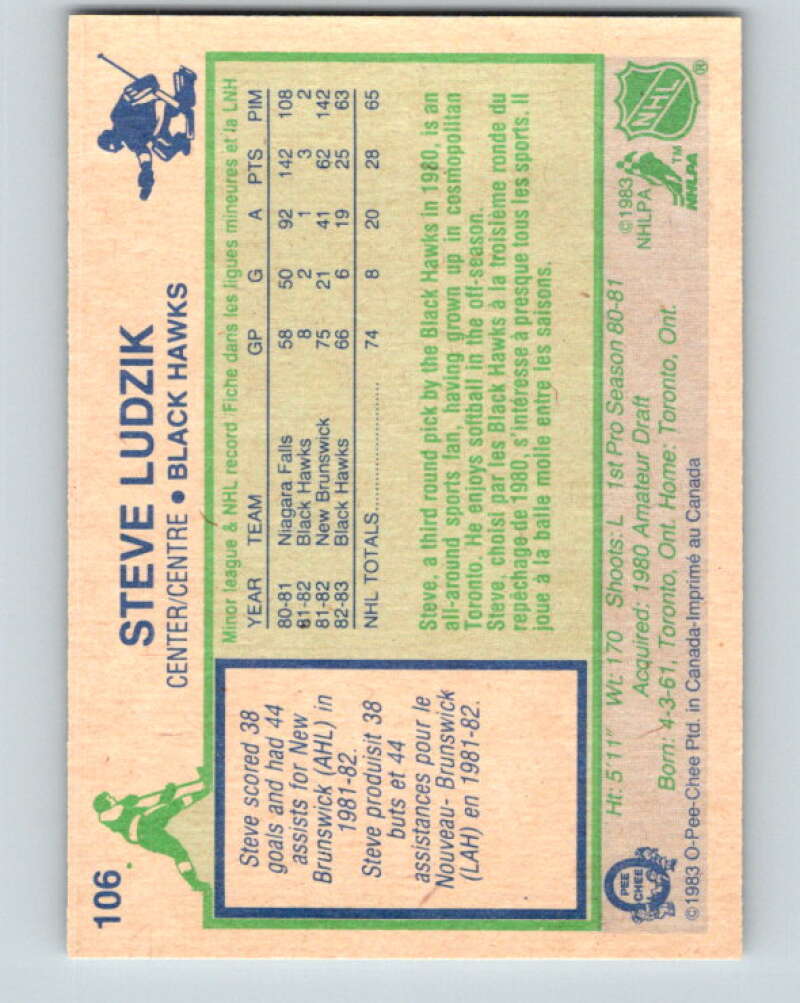 1983-84 O-Pee-Chee #106 Steve Ludzik UER RC Rookie Blackhawks V27043