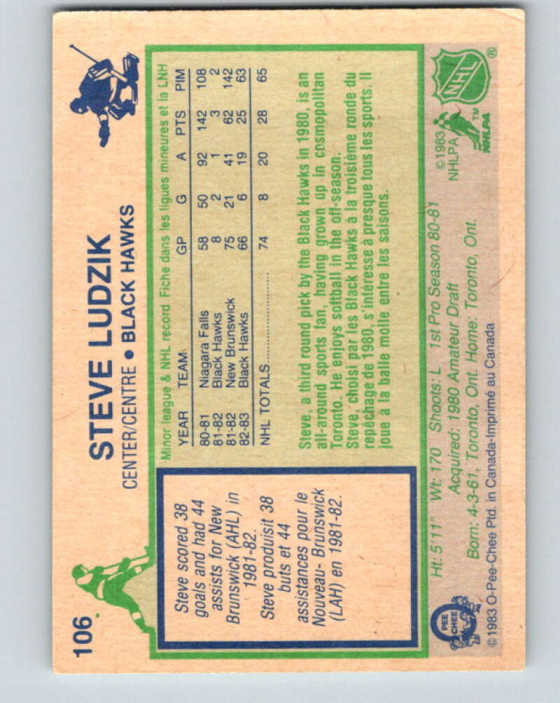 1983-84 O-Pee-Chee #106 Steve Ludzik UER RC Rookie Blackhawks V27046