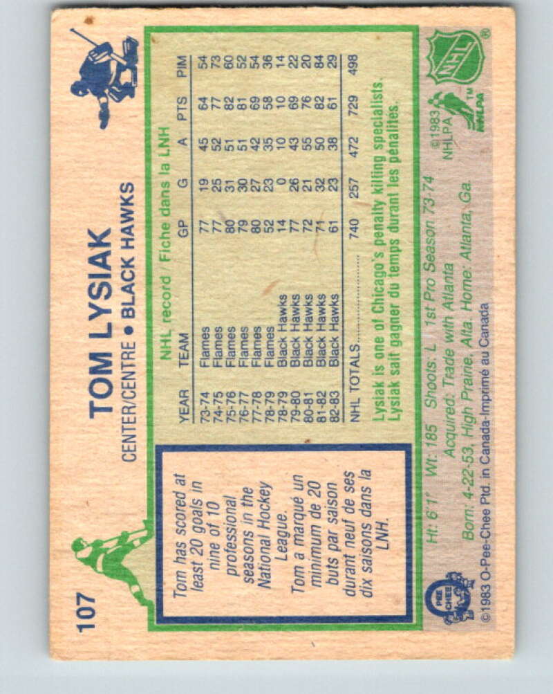 1983-84 O-Pee-Chee #107 Tom Lysiak Chicago Blackhawks V27050