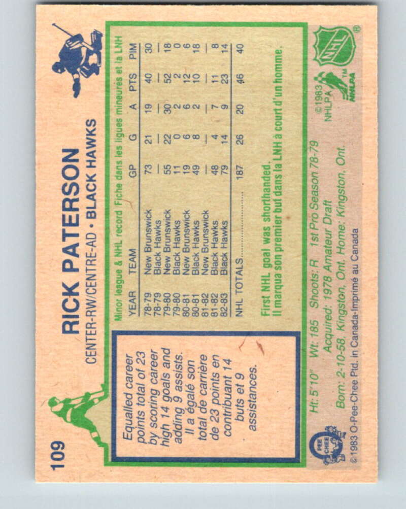 1983-84 O-Pee-Chee #109 Rick Paterson RC Rookie Blackhawks V27057