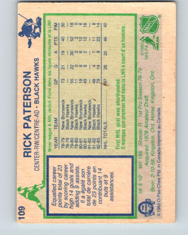 1983-84 O-Pee-Chee #109 Rick Paterson RC Rookie Blackhawks V27058