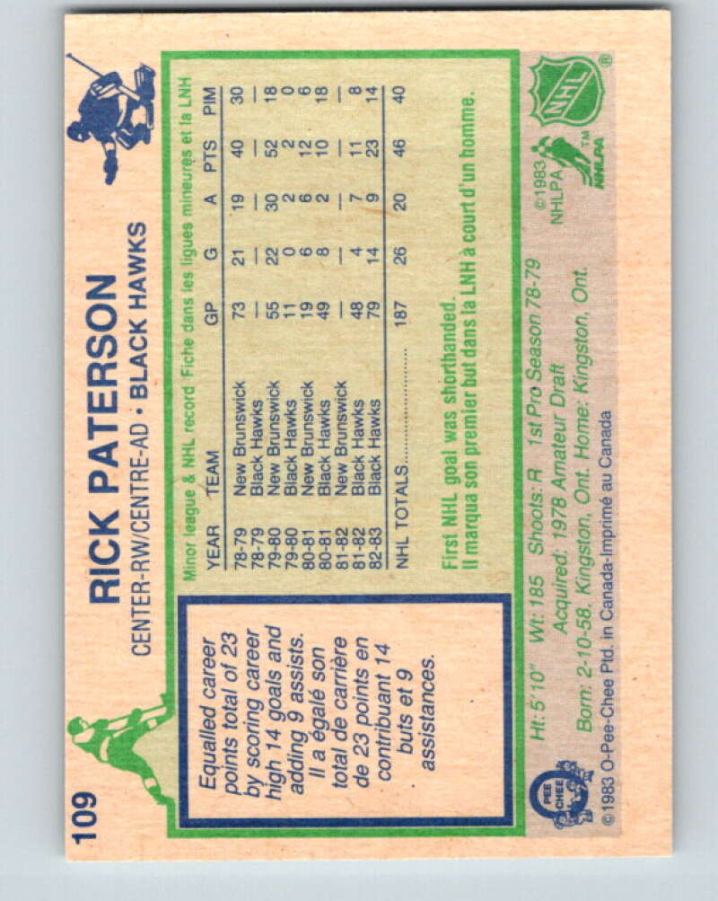 1983-84 O-Pee-Chee #109 Rick Paterson RC Rookie Blackhawks V27061