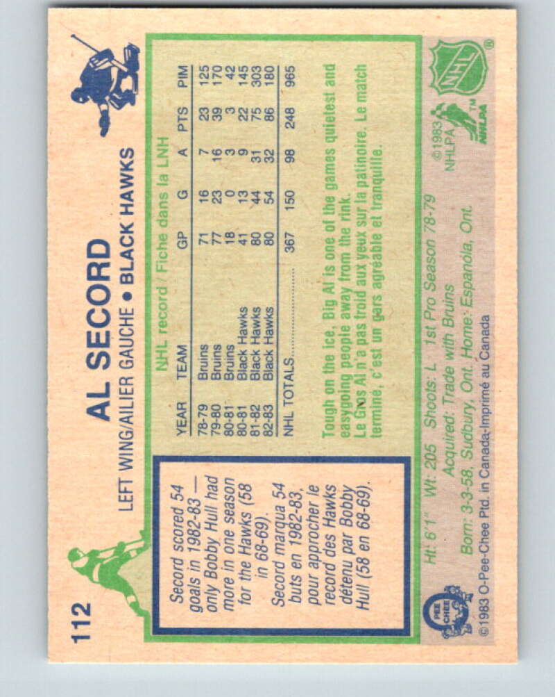 1983-84 O-Pee-Chee #112 Al Secord Chicago Blackhawks V27069