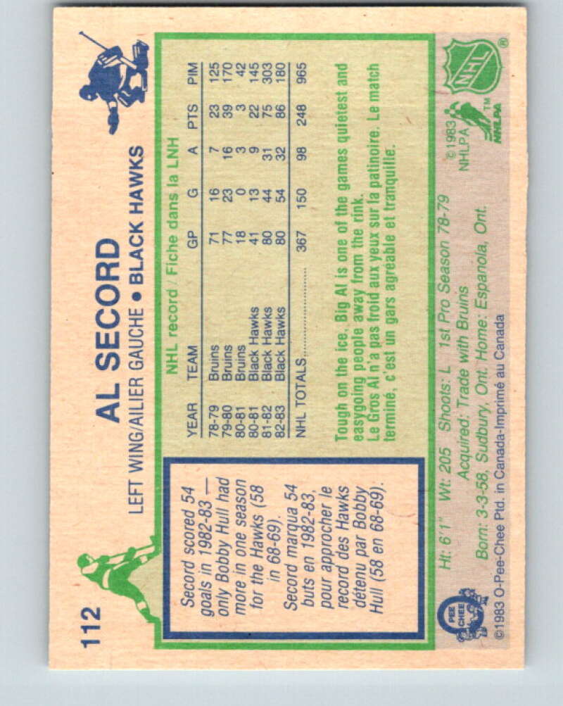 1983-84 O-Pee-Chee #112 Al Secord Chicago Blackhawks V27071