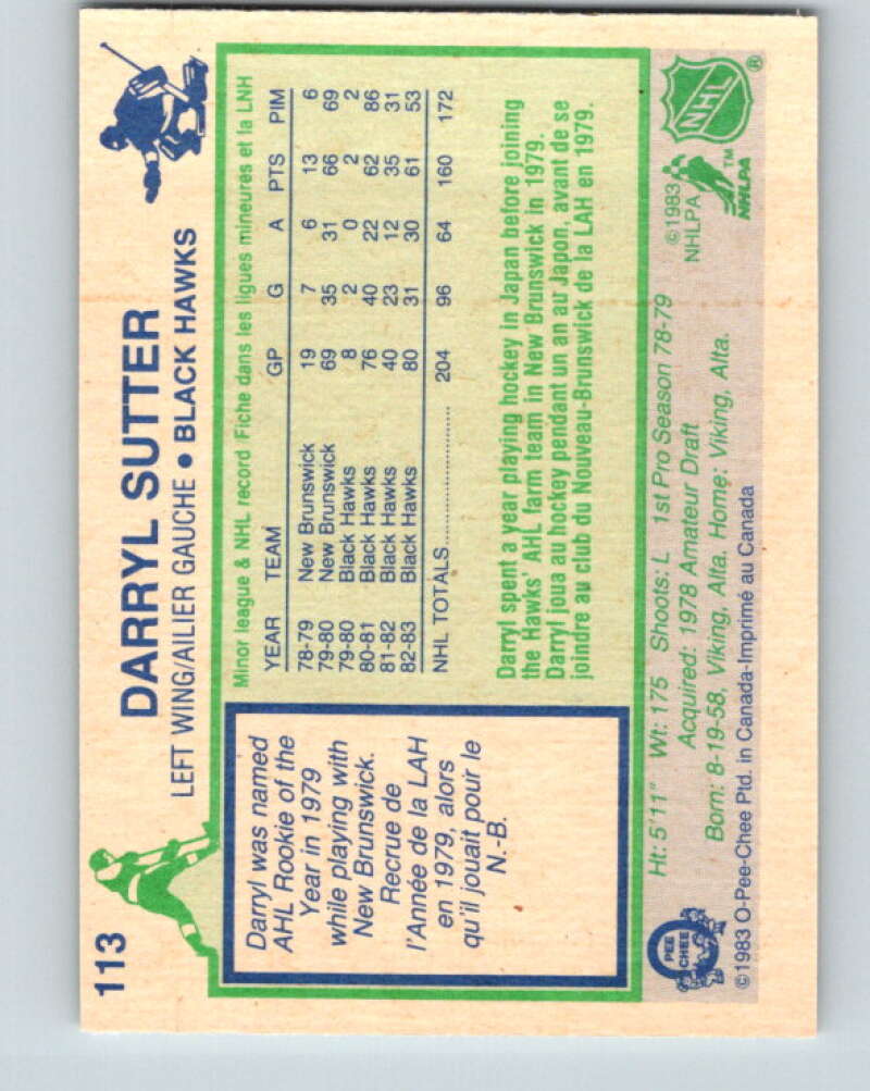 1983-84 O-Pee-Chee #113 Darryl Sutter Chicago Blackhawks V27074