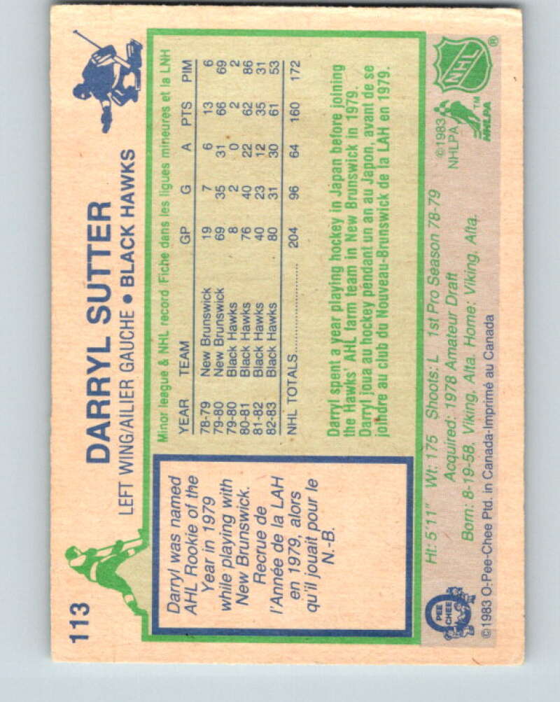 1983-84 O-Pee-Chee #113 Darryl Sutter Chicago Blackhawks V27075