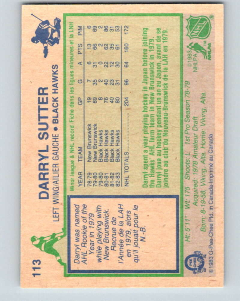 1983-84 O-Pee-Chee #113 Darryl Sutter Chicago Blackhawks V27076