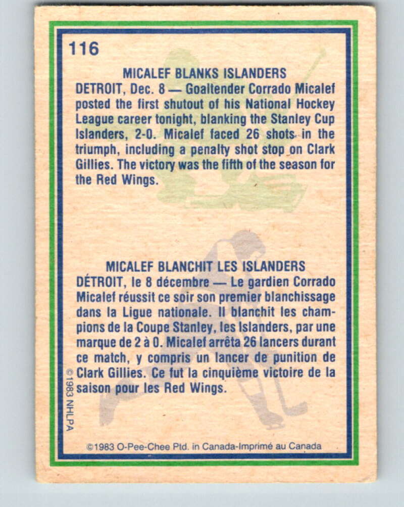 1983-84 O-Pee-Chee #116 Corrado Micalef HL Detroit Red Wings V27083