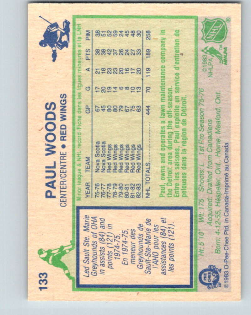 1983-84 O-Pee-Chee #133 Paul Woods Detroit Red Wings V27157