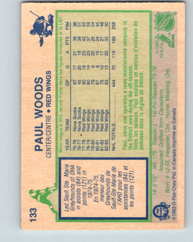1983-84 O-Pee-Chee #133 Paul Woods Detroit Red Wings V27158