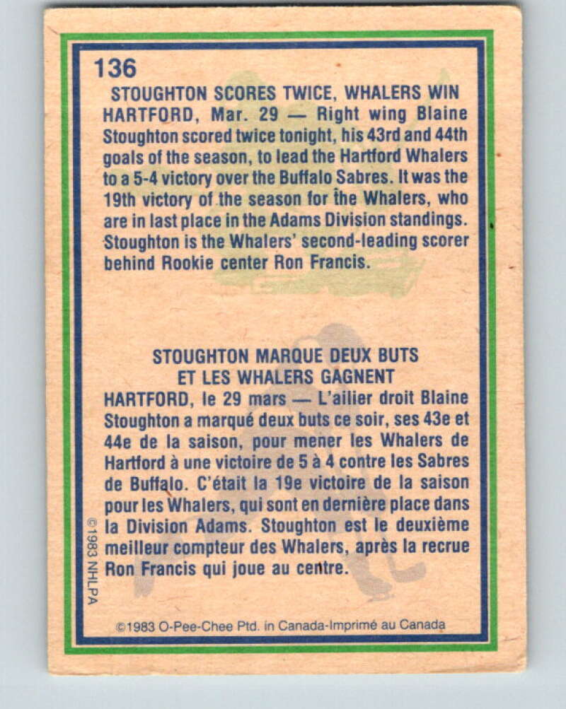 1983-84 O-Pee-Chee #136 Blaine Stoughton HL Hartford Whalers V27164