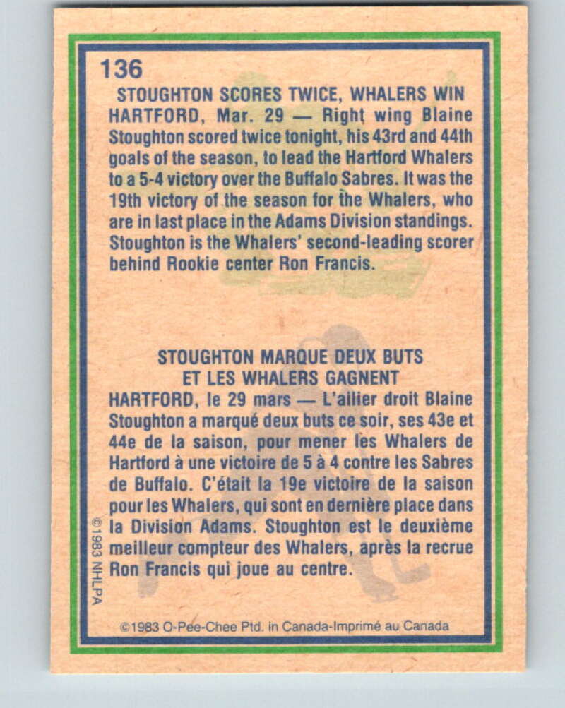 1983-84 O-Pee-Chee #136 Blaine Stoughton HL Hartford Whalers V27165