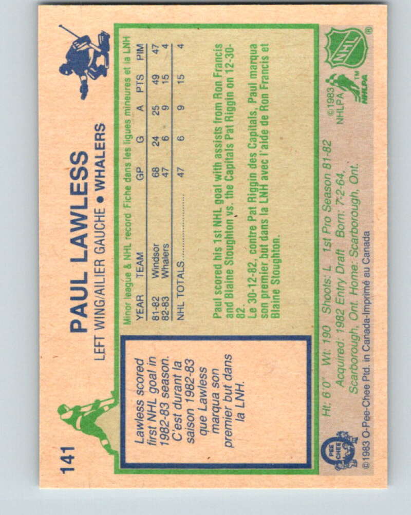 1983-84 O-Pee-Chee #141 Paul Lawless RC Rookie Hartford Whalers V27181