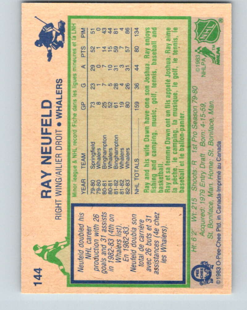 1983-84 O-Pee-Chee #144 Ray Neufeld RC Rookie Hartford Whalers V27190