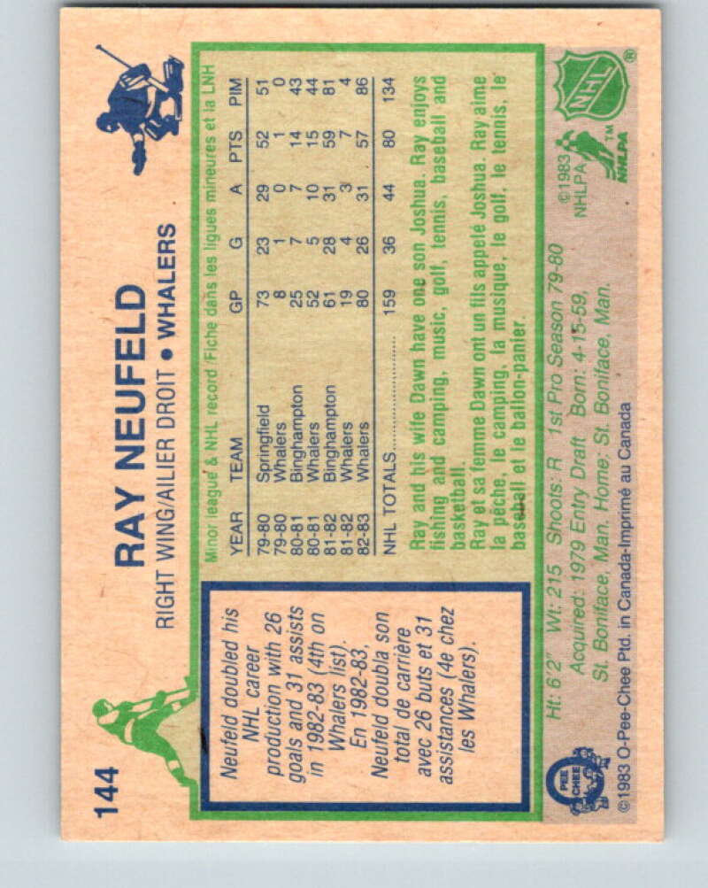1983-84 O-Pee-Chee #144 Ray Neufeld RC Rookie Hartford Whalers V27192