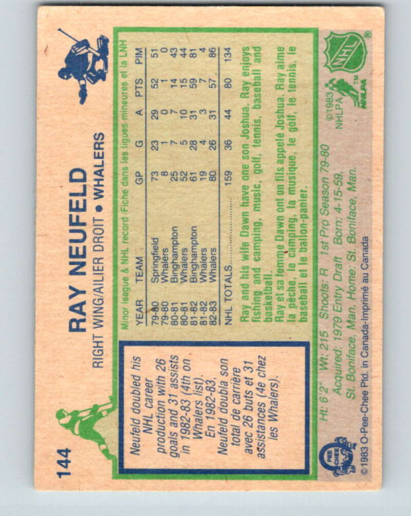 1983-84 O-Pee-Chee #144 Ray Neufeld RC Rookie Hartford Whalers V27194