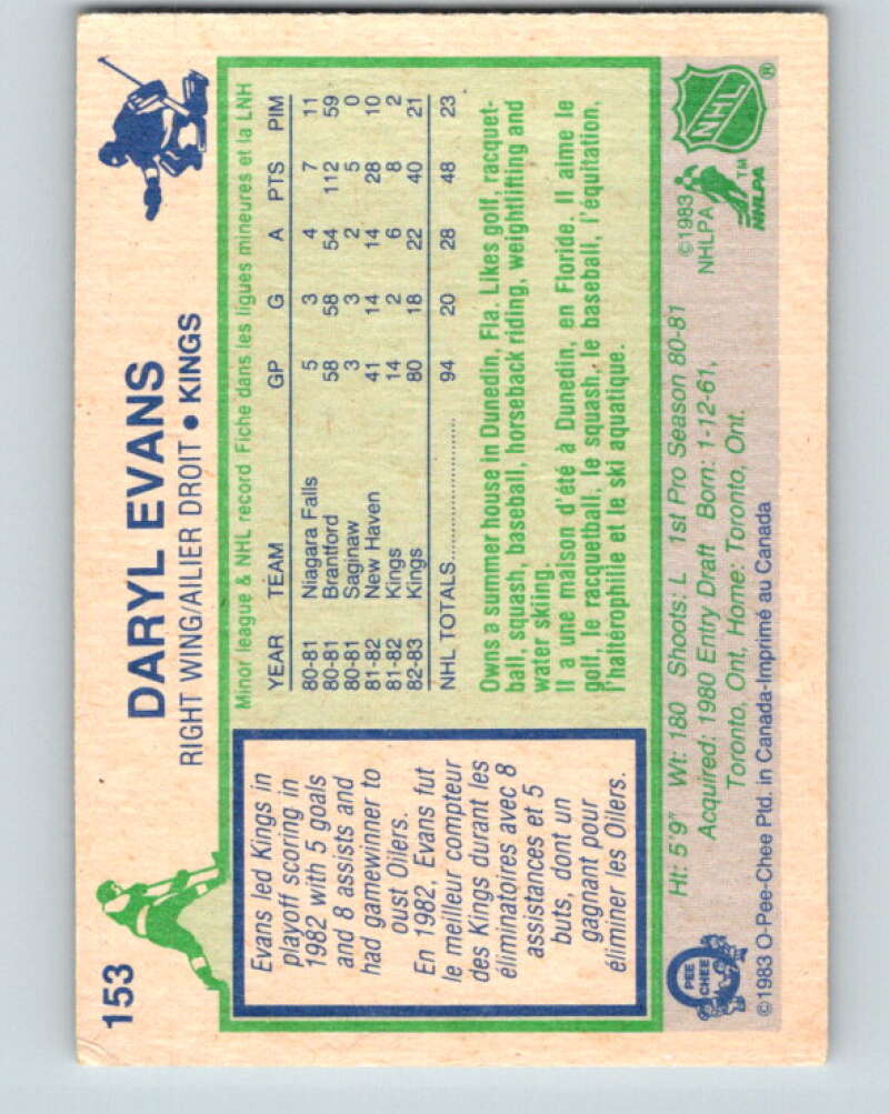 1983-84 O-Pee-Chee #153 Daryl Evans RC Rookie Kings V27230