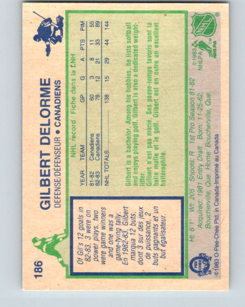 1983-84 O-Pee-Chee #186 Gilbert Delorme RC Rookie Canadiens V27337