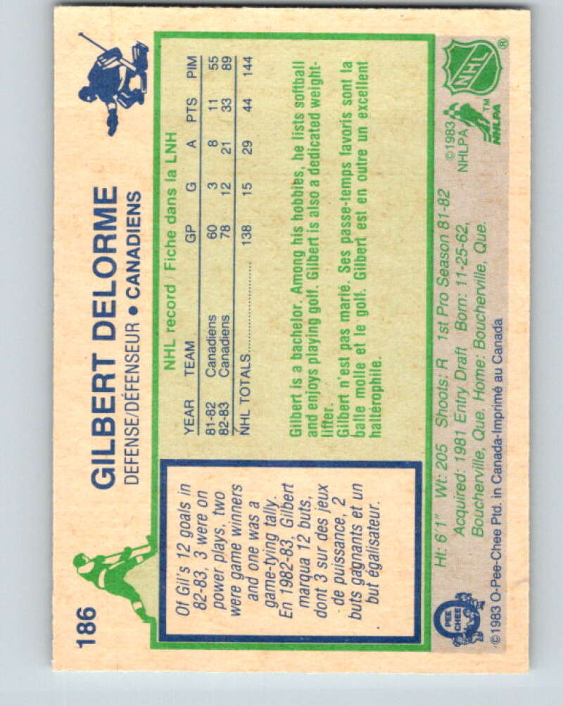 1983-84 O-Pee-Chee #186 Gilbert Delorme RC Rookie Canadiens V27339