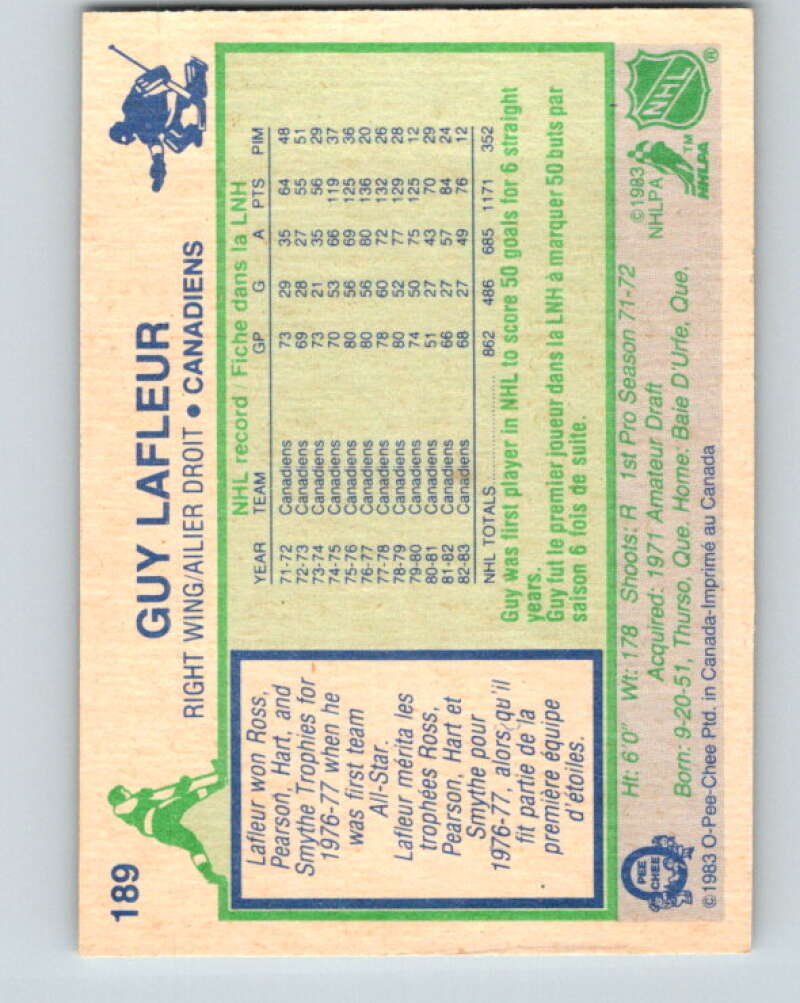 1983-84 O-Pee-Chee #189 Guy Lafleur Montreal Canadiens V27346