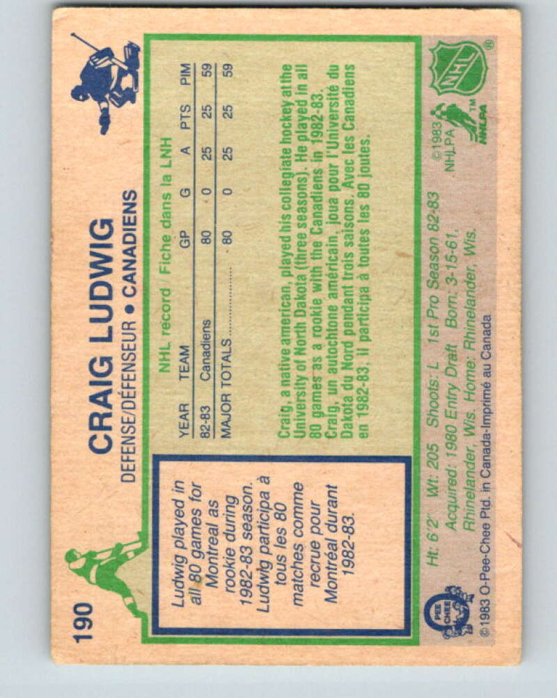 1983-84 O-Pee-Chee #190 Craig Ludwig RC Rookie Canadiens V27347