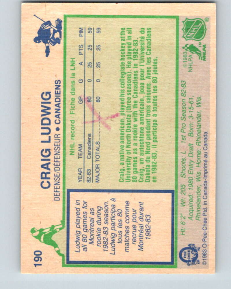1983-84 O-Pee-Chee #190 Craig Ludwig RC Rookie Canadiens V27348