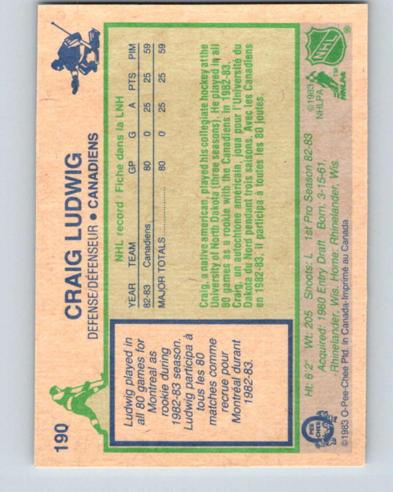 1983-84 O-Pee-Chee #190 Craig Ludwig RC Rookie Canadiens V27349