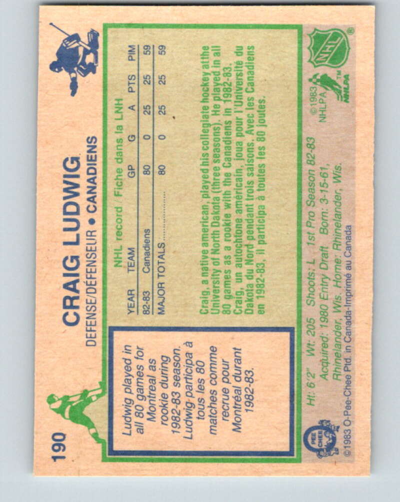 1983-84 O-Pee-Chee #190 Craig Ludwig RC Rookie Canadiens V27350