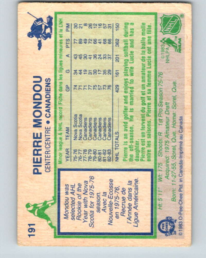 1983-84 O-Pee-Chee #191 Pierre Mondou Montreal Canadiens V27351