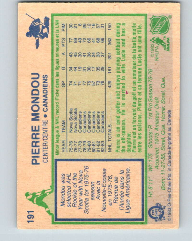 1983-84 O-Pee-Chee #191 Pierre Mondou Montreal Canadiens V27352