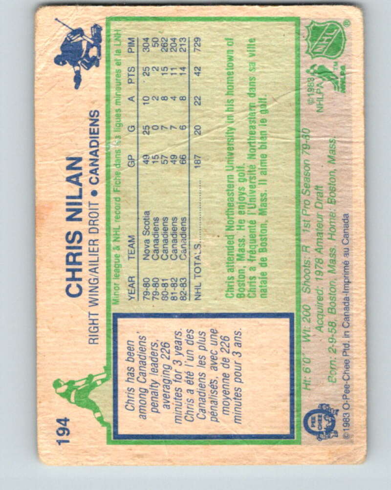 1983-84 O-Pee-Chee #194 Chris Nilan RC Rookie Montreal Canadiens V27357