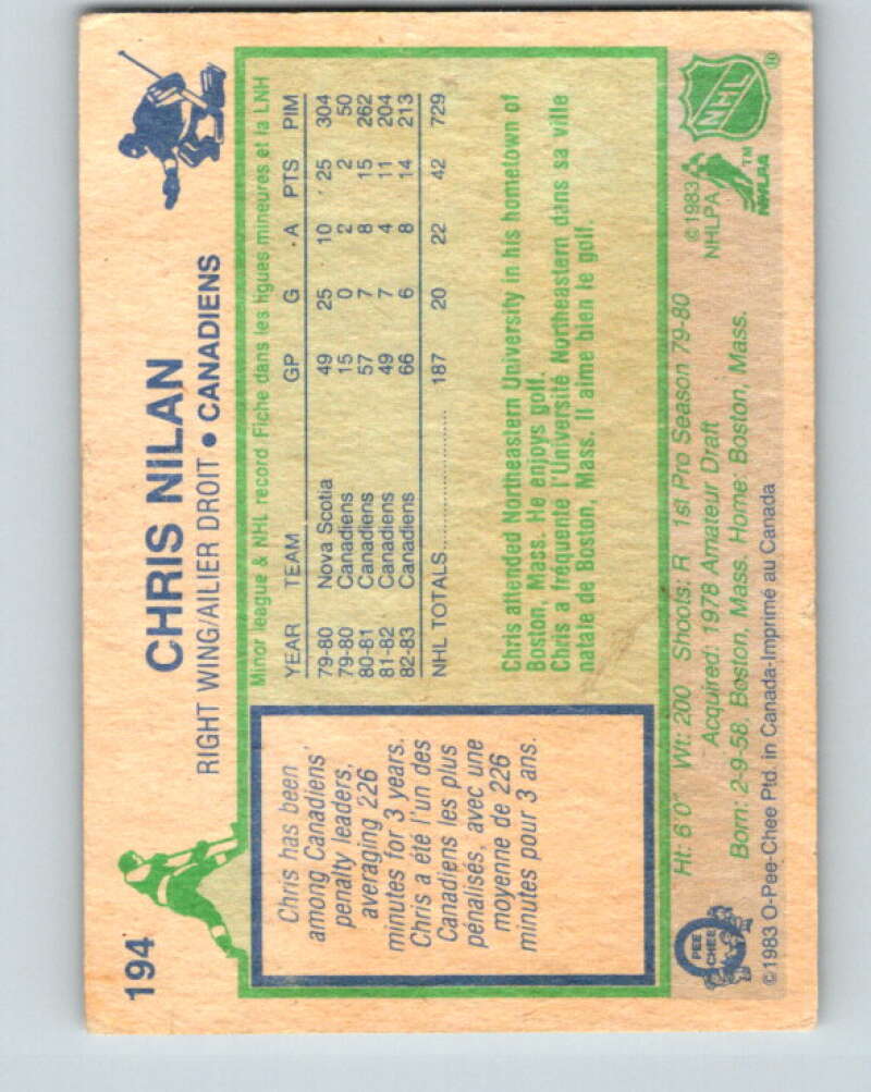 1983-84 O-Pee-Chee #194 Chris Nilan RC Rookie Montreal Canadiens V27358