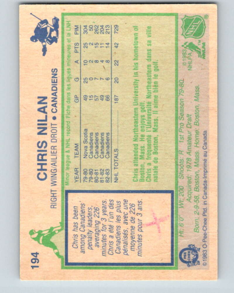 1983-84 O-Pee-Chee #194 Chris Nilan RC Rookie Montreal Canadiens V27359