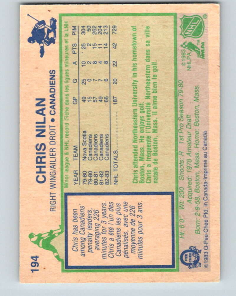 1983-84 O-Pee-Chee #194 Chris Nilan RC Rookie Montreal Canadiens V27361