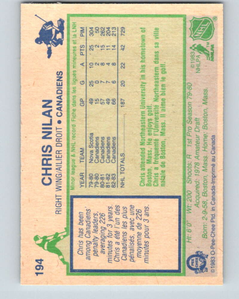 1983-84 O-Pee-Chee #194 Chris Nilan RC Rookie Montreal Canadiens V27363