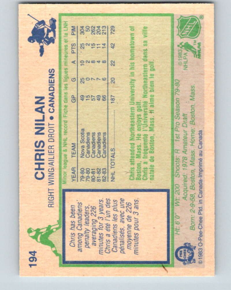 1983-84 O-Pee-Chee #194 Chris Nilan RC Rookie Montreal Canadiens V27364