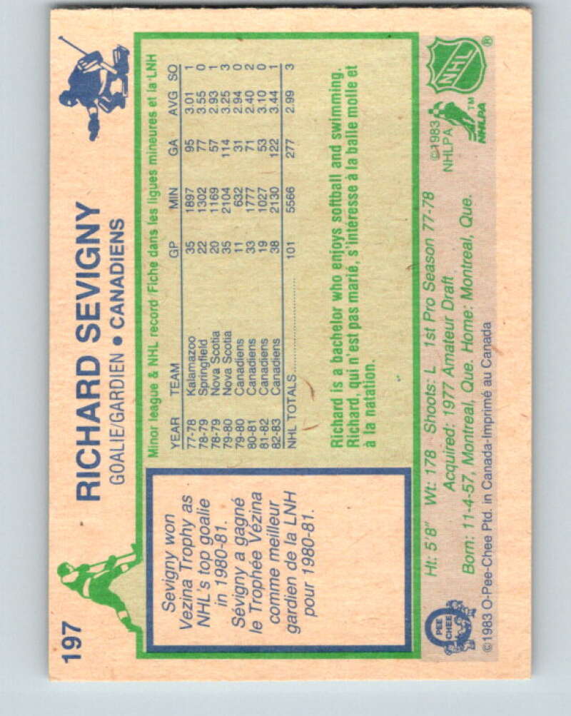 1983-84 O-Pee-Chee #197 Richard Sevigny Montreal Canadiens V27369