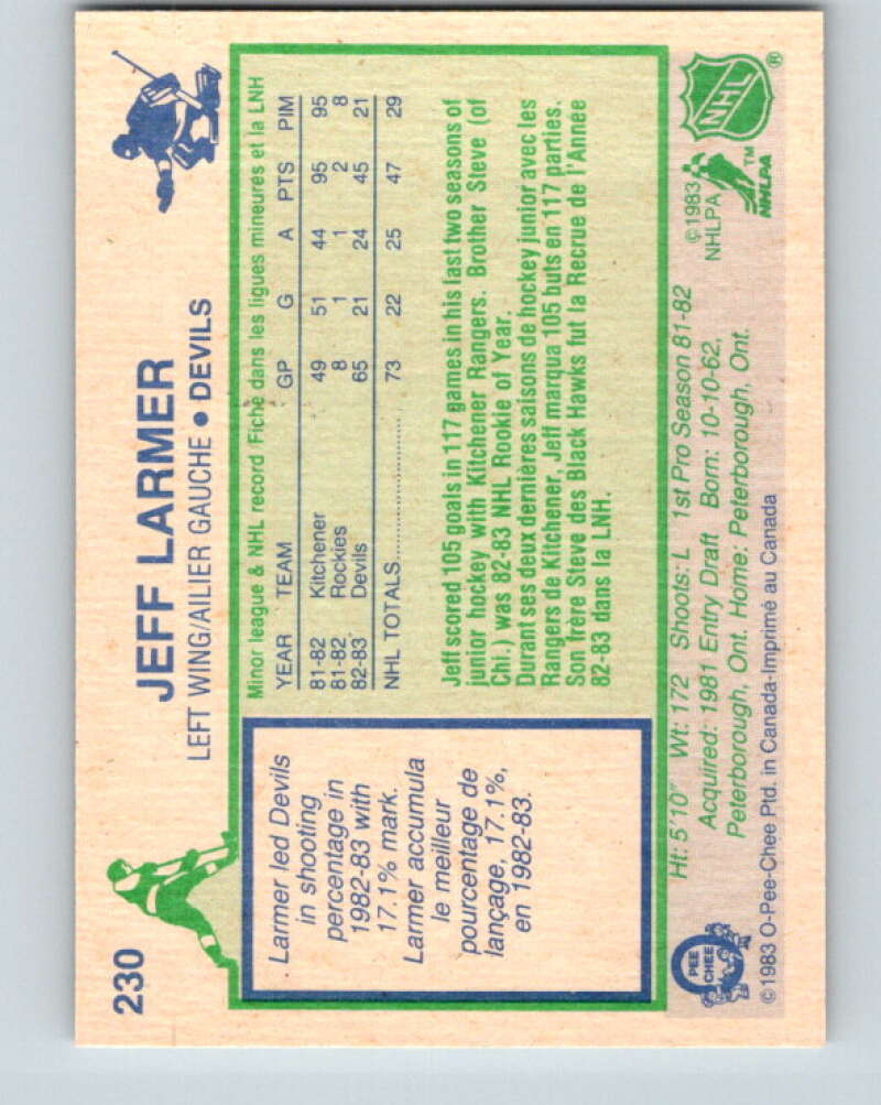 1983-84 O-Pee-Chee #230 Jeff Larmer RC Rookie New Jersey Devils V27463
