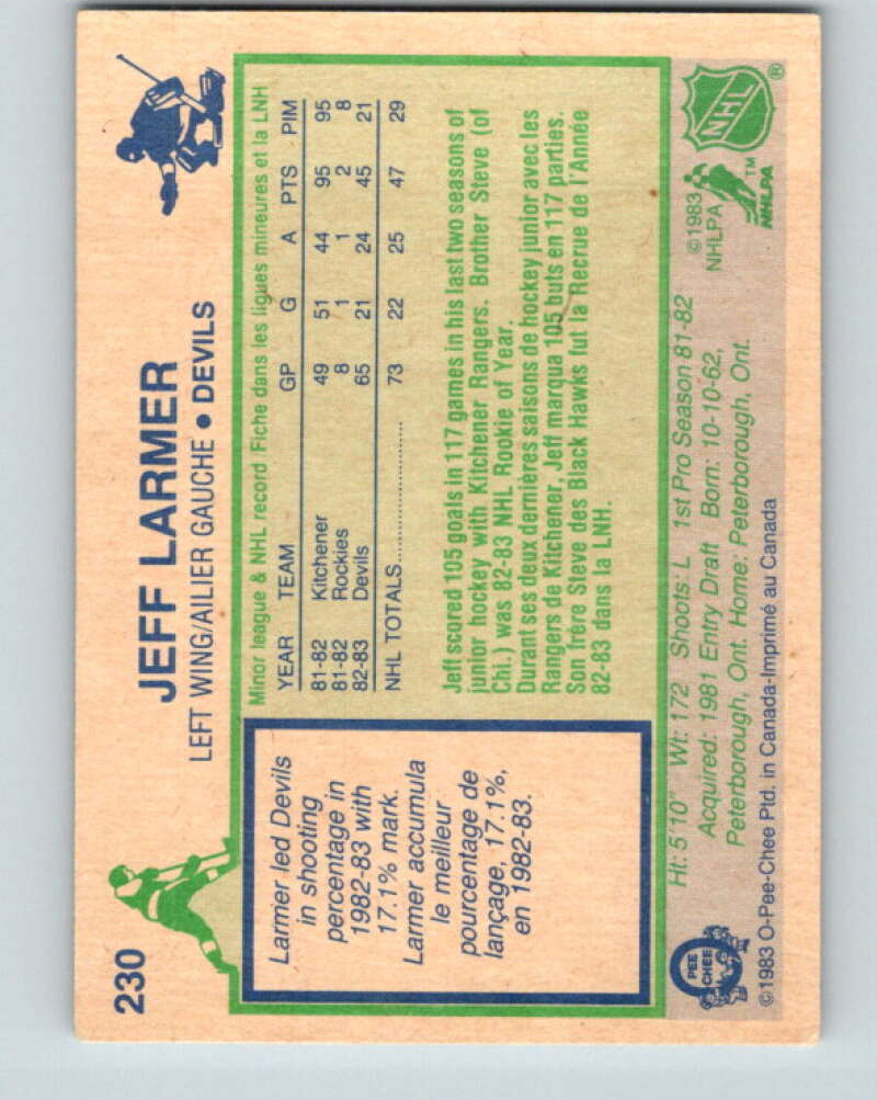 1983-84 O-Pee-Chee #230 Jeff Larmer RC Rookie New Jersey Devils V27465