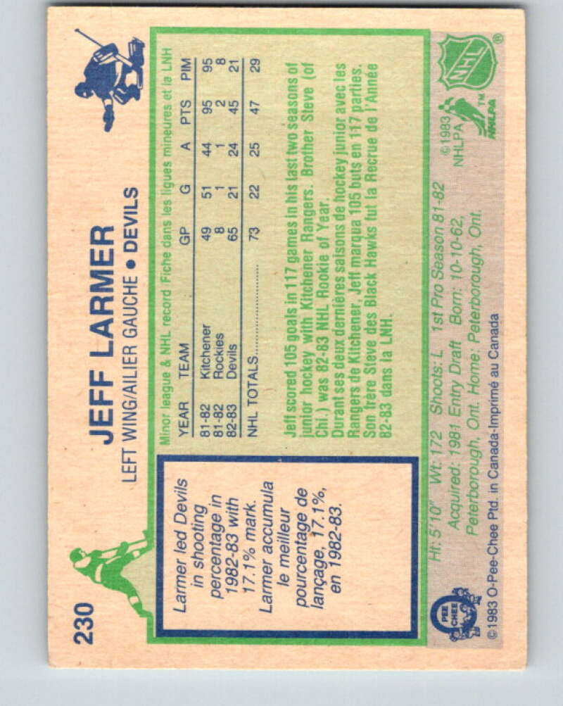 1983-84 O-Pee-Chee #230 Jeff Larmer RC Rookie New Jersey Devils V27466