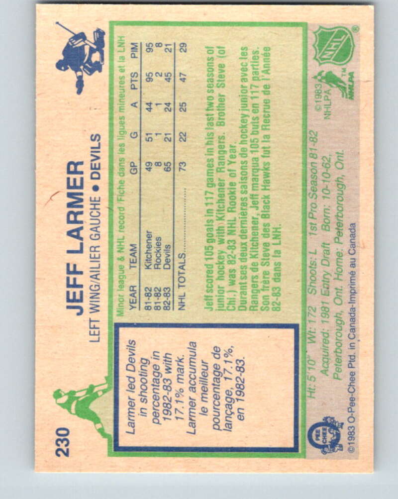 1983-84 O-Pee-Chee #230 Jeff Larmer RC Rookie New Jersey Devils V27467