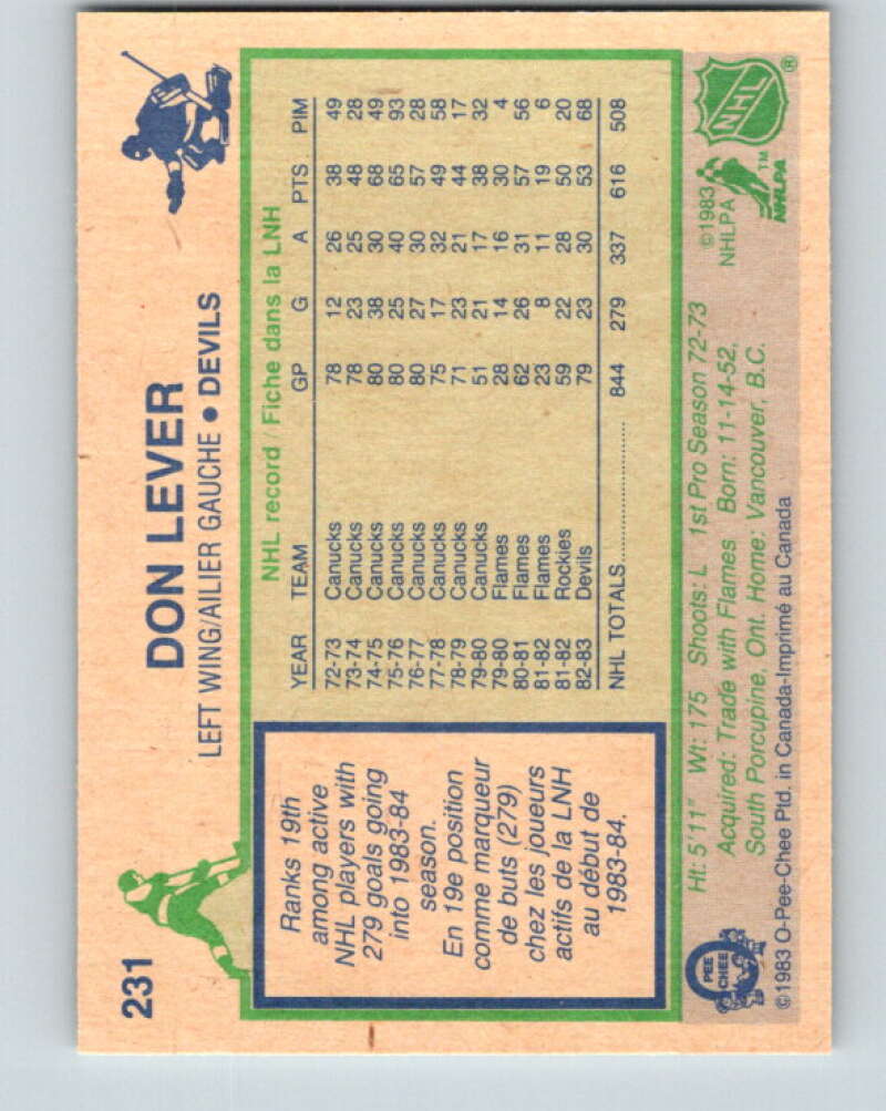 1983-84 O-Pee-Chee #231 Don Lever New Jersey Devils V27470