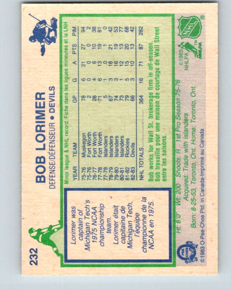 1983-84 O-Pee-Chee #232 Bob Lorimer New Jersey Devils V27471
