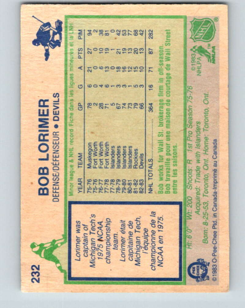 1983-84 O-Pee-Chee #232 Bob Lorimer New Jersey Devils V27472