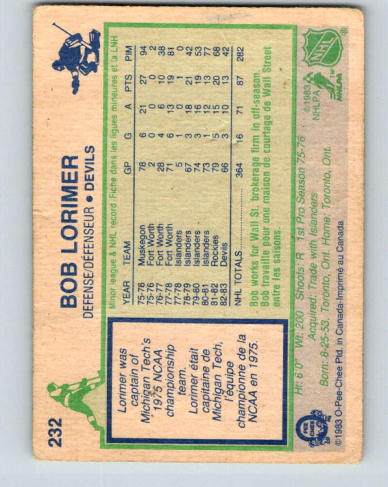 1983-84 O-Pee-Chee #232 Bob Lorimer New Jersey Devils V27473