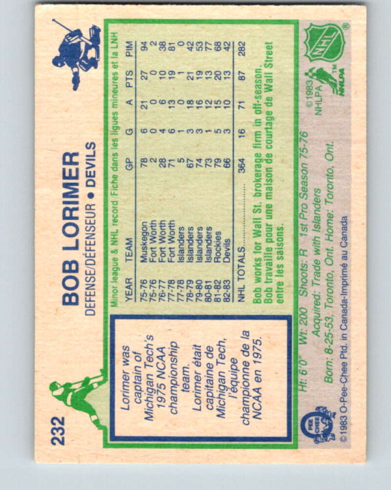 1983-84 O-Pee-Chee #232 Bob Lorimer New Jersey Devils V27474