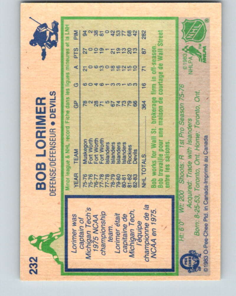 1983-84 O-Pee-Chee #232 Bob Lorimer New Jersey Devils V27475